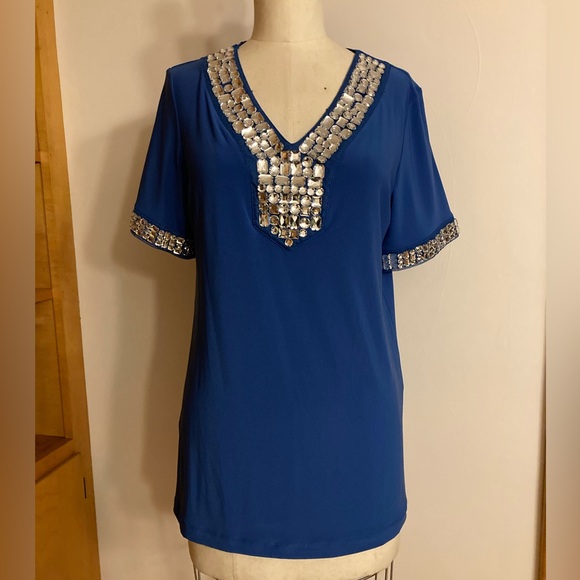 Csc Studio Tops - CSC Studio Royal Blue Jeweled Embellished V-Neck